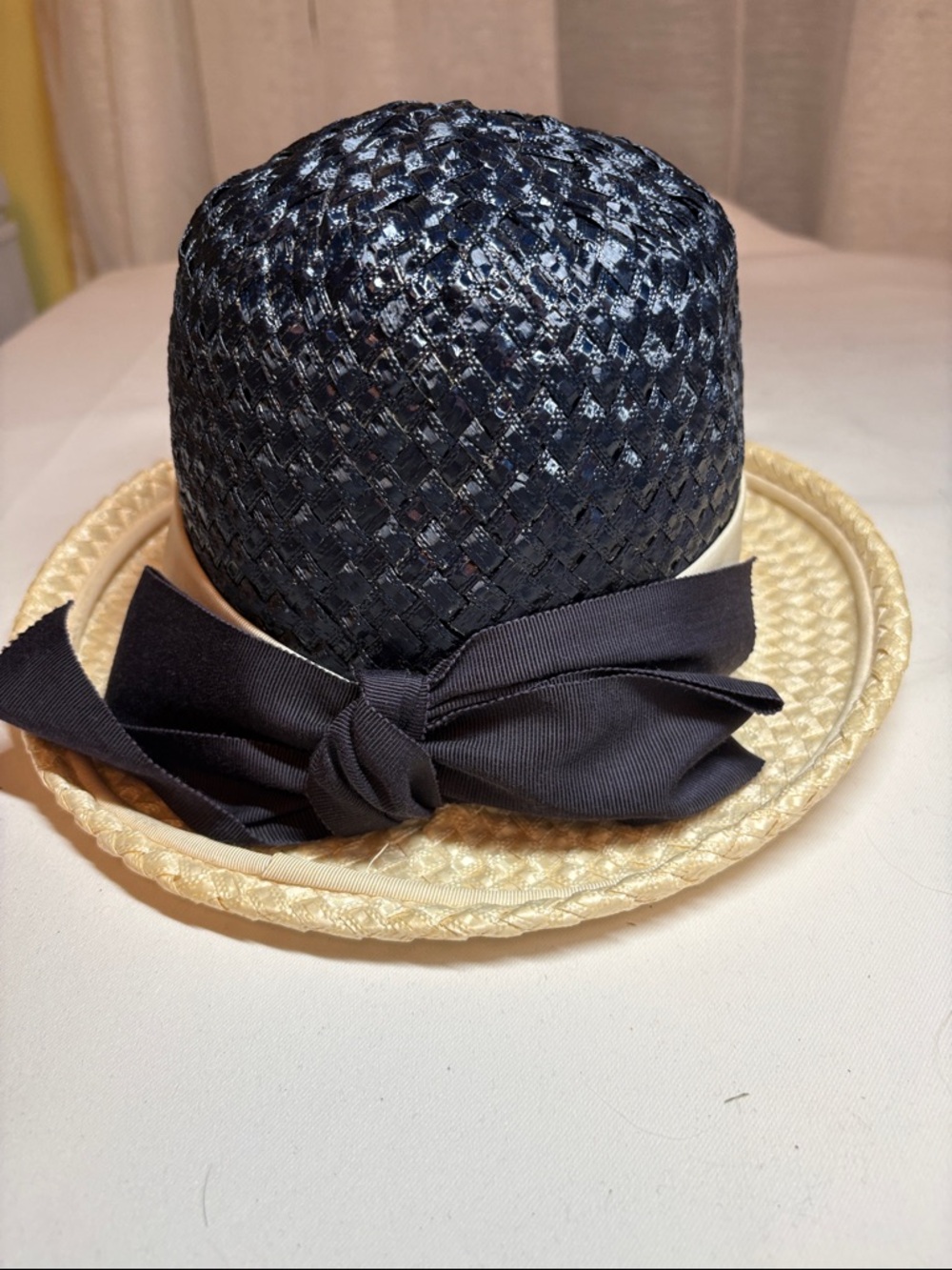 Mr. John Vintage Two-Tone Straw Bow Hat - Navy & Cream (est. s/m)